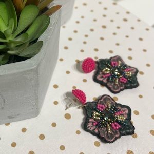Beaded Embroidered Flower Earrings in pinks and greens